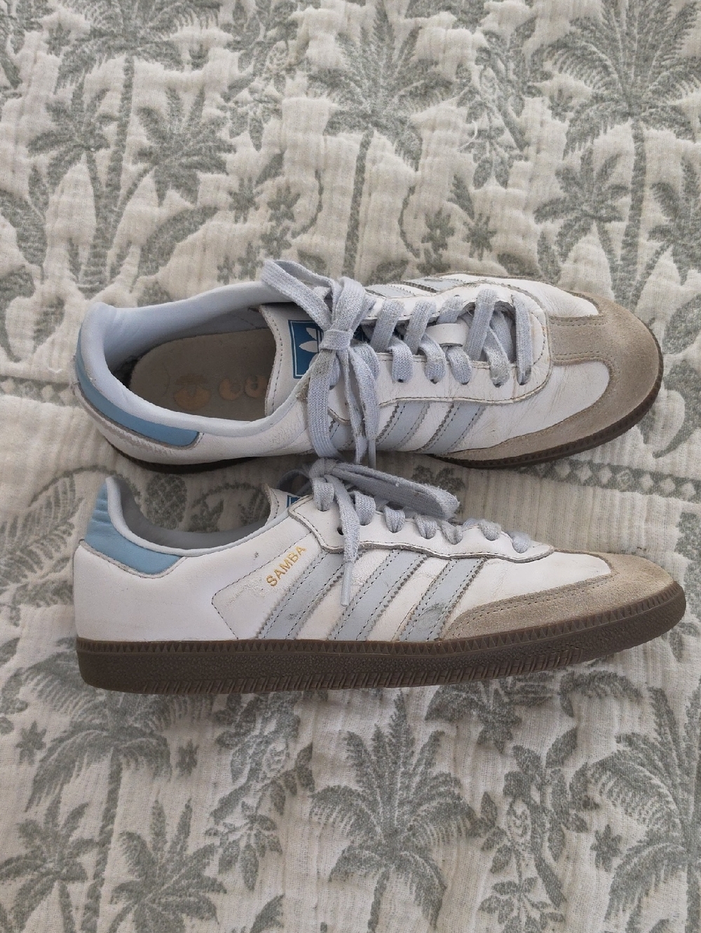 adidas Samba Sneakers in White, Light Blue & Brown